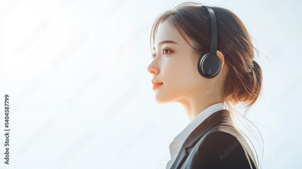Photorealistic side view of an elegant woman in a business suit, wearing Bluetooth headphones Photorealistic side view of an elegant woman in a business suit, wearing Bluetooth headphones