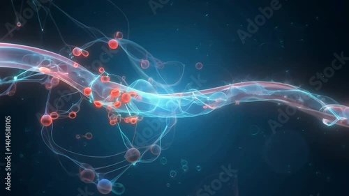 The camera dollies in to capture dynamic signaling molecules and peptides travelling through a venue, backlight with rim effects