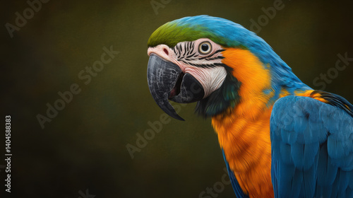 vibrant parrot with striking blue and orange feathers showcases its colorful plumage against soft, blurred background. bird expressive eyes and curved beak add to its captivating presence