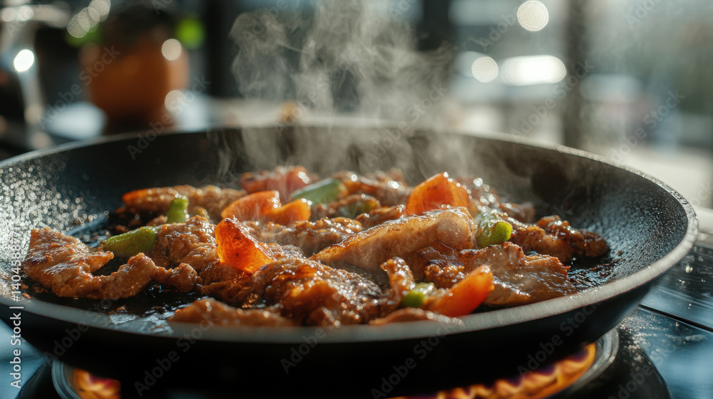 close up photograph of sizzling meat and vegetables cooking in skillet, with steam rising and warm, inviting atmosphere. vibrant colors of ingredients create appetizing scene