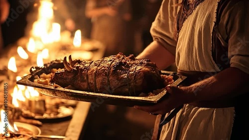 Ancient feast, roasted meat, served by a person