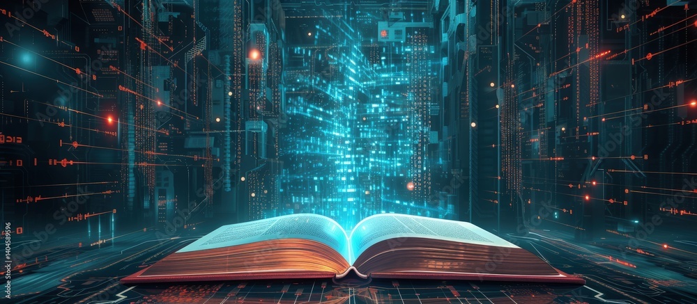 custom made wallpaper toronto digitalFuturistic open book for education with digital futuristic elements graphic.Generated AI