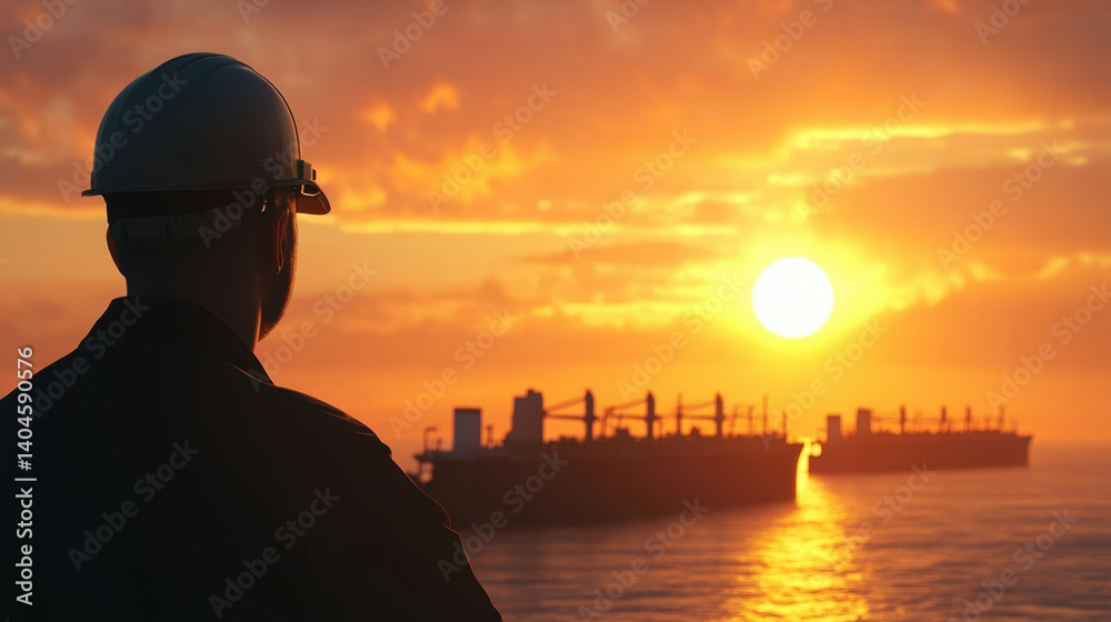 Fototapeta premium maritime consultant stands confidently against stunning sunset, observing fleet of ships on horizon. scene captures essence of maritime industry and professionalism
