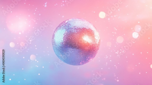 Shiny silver mirror disco ball floating in pastel dreamscape with bokeh lights. Generative AI