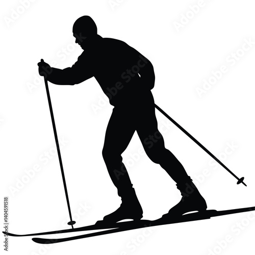 Silhouette of Adult Male Cross Country Skiing with Poles on Transparent Background
