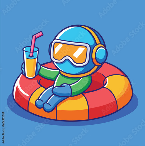Cartoon Astronaut Relaxing On Inflatable Ring With Refreshing Drink Illustration