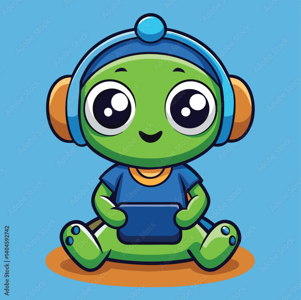 Obraz premium Cute Green Alien With Headphones Playing Tablet Illustration For Kids Content