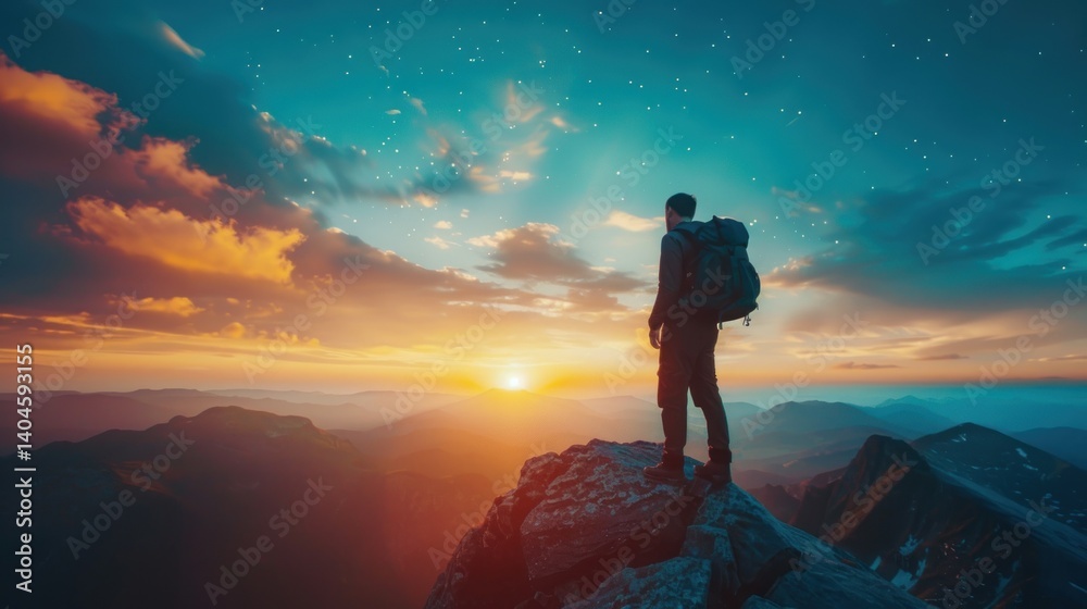 Obraz premium Lone Hiker at Sunrise on a Mountain Peak