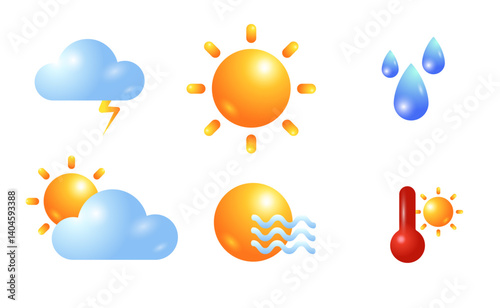 Sun icon set. Weather icons. Vector 3D design. Collection of sun stars, clouds, lightnings and rain for use in as logo or weather icon. Cartoon illustration in plastic minimal style, isolated objects