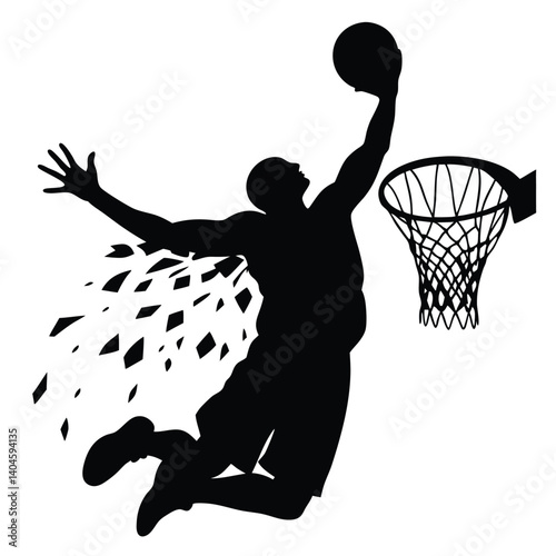 Silhouette of Athlete Midair with Ball Near Hoop and Fragmented Element