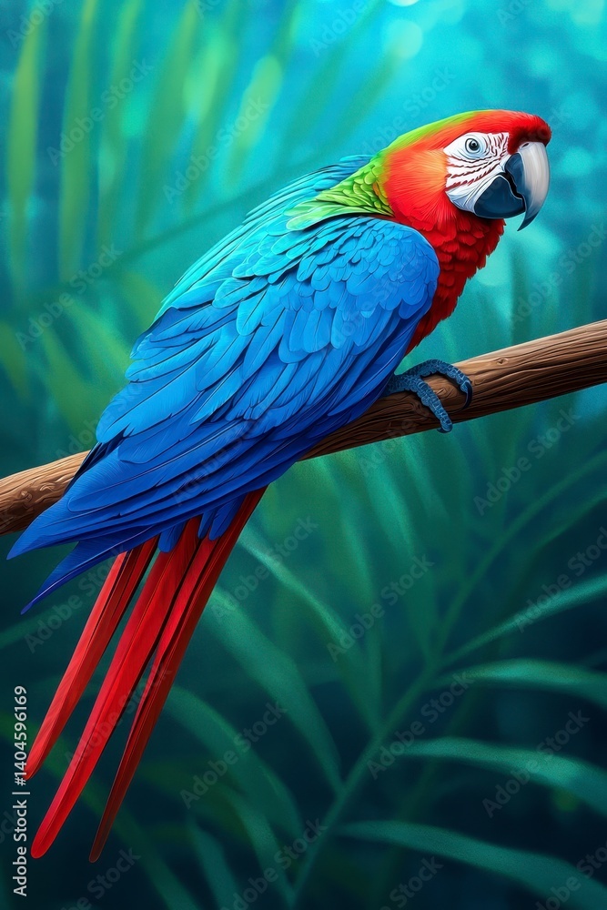 Obraz premium Pixel Art Macaw Perched on Branch in Lush Tropical Foliage