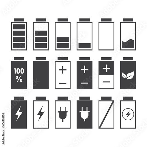 Set of various battery icons. Black battery indicator signs isolated on white background. Collection of accumulator power elements.