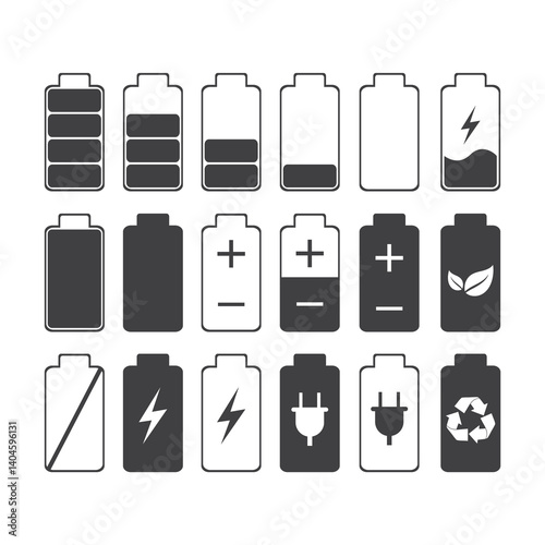 Set of various battery icons. Black battery indicator signs isolated on white background. Collection of accumulator power elements.