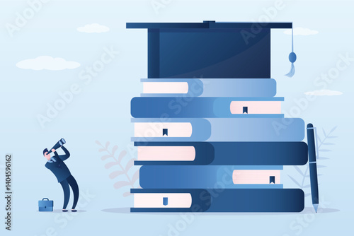 Businessman or student uses binoculars and look high at big graduation hat on stack of textbooks. High cost of education, inaccessibility of higher education.