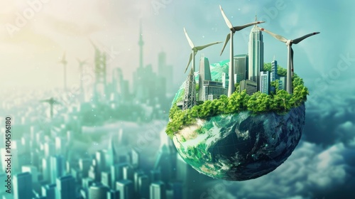 Wallpaper Mural Future concept of green global earth environmental technology with windmill and city buildings Torontodigital.ca