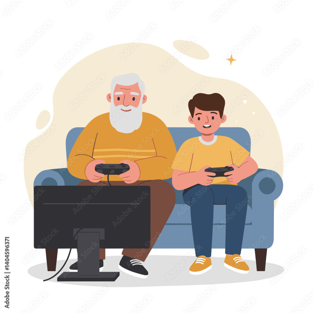 Elderly man and young boy enjoying video games on the couch.  Father's Day