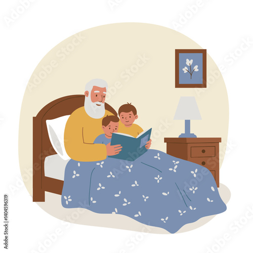 Grandfather reading a book with two boys in a cozy bedroom,  Father's Day
