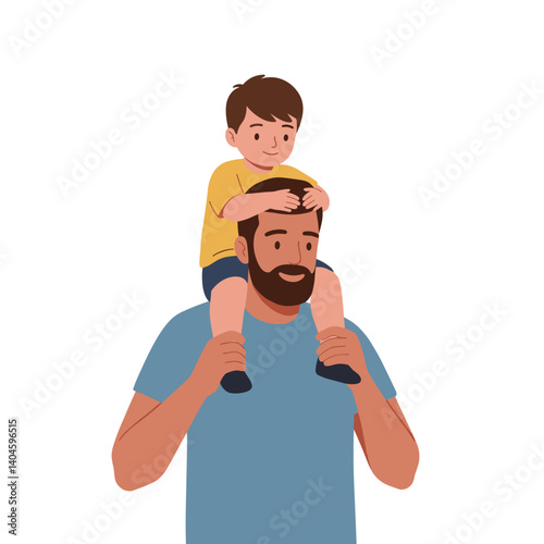Happy father carrying son on shoulders against white background, Father's Day