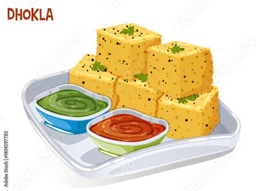 Dhokla Served with Corriander and Chilli Chutneys in a Tray. Indian Savoury Breakfast Cuisine Detailed Illustration