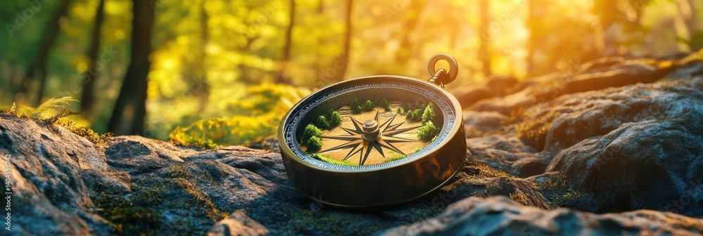Creative mountain compass displaying forest paths, inspiring adventure navigation in a tranquil outdoor setting