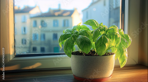 vibrant basil plant sits on bright windowsill, basking in sunlight, with charming urban backdrop visible through glass. fresh green leaves exude sense of tranquility and life
