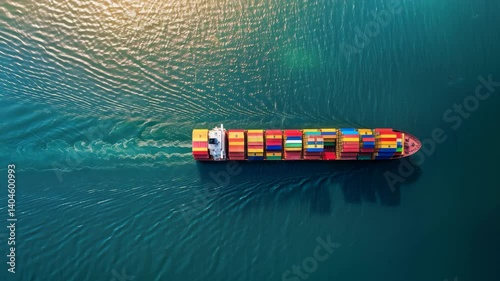 A colorful container ship sails across the deep blue water, leaving a small wake.