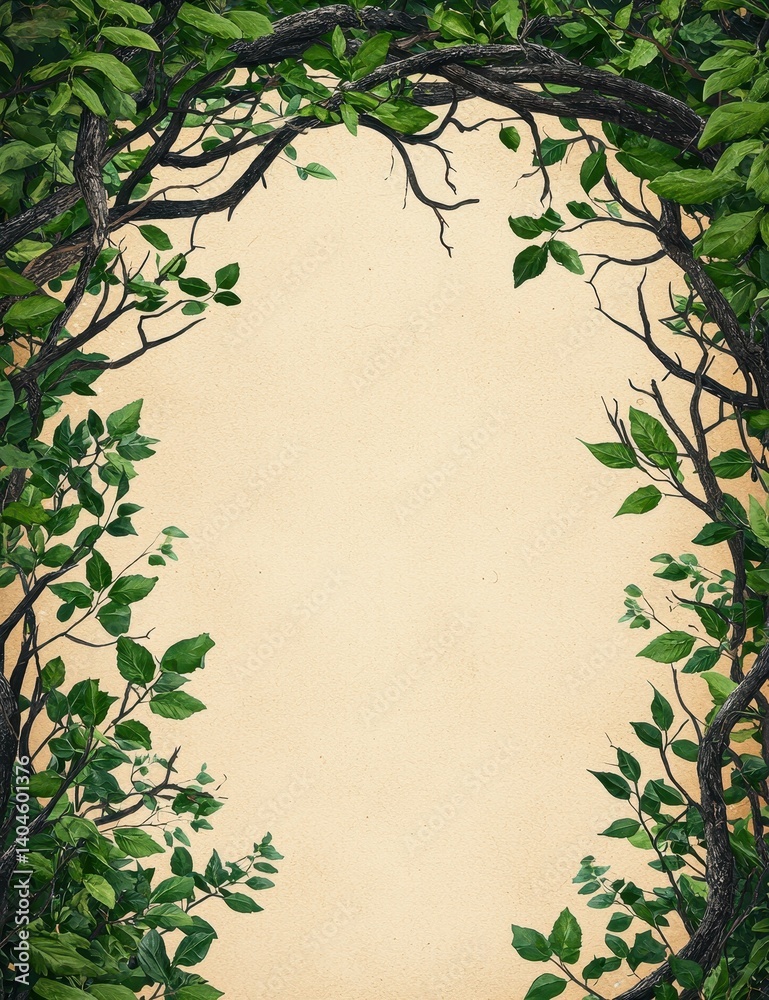 A natural frame of leafy branches surrounds a blank space, evoking a serene and organic atmosphere. A natural frame of leafy branches surrounds a blank space, evoking a serene and organic atmosphere.