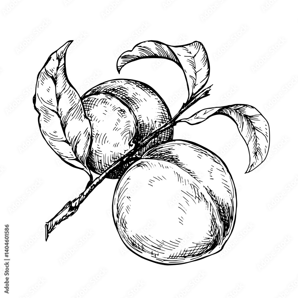 Peach branch sketch ink graphic illustration, draft silhouette drawing, black on white line art. Botanical vintage etching food design.