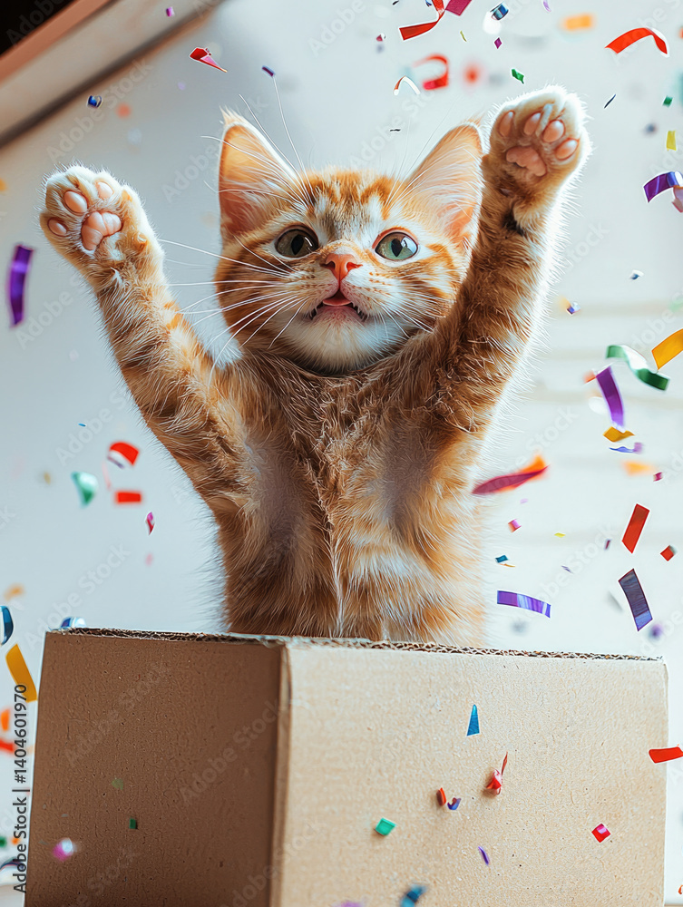 playful orange cat with raised paws is emerging from cardboard box, surrounded by colorful confetti. scene captures joyful and festive atmosphere, perfect for celebrations