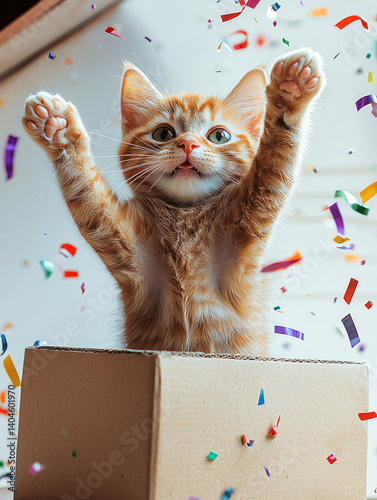 Obraz na płótnie playful orange cat with raised paws is emerging from cardboard box, surrounded by colorful confetti. scene captures joyful and festive atmosphere, perfect for celebrations w salonie