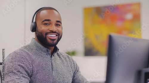 Smiling man helping a client through online video support
