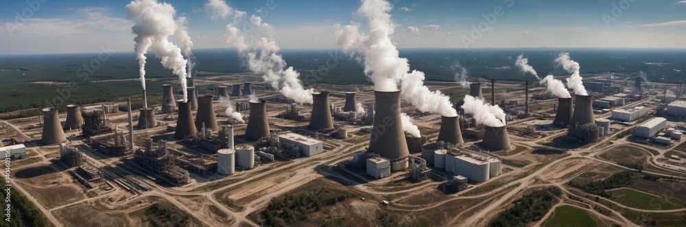 A vast industrial power plant, seen from above, with multiple cooling towers and steam. A vast industrial power plant, seen from above, with multiple cooling towers and steam.