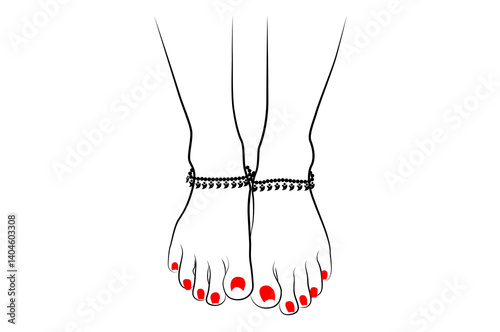 Beautiful Indian woman feet with anklets and red nails line drawing isolated on white background - vector illustration