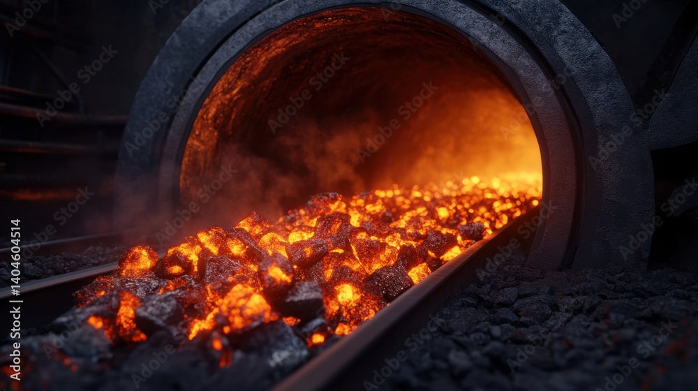 Fototapeta premium glowing interior of coke oven reveals red hot coal flowing through tunnel, surrounded by dark, rocky textures. intense heat and vibrant colors create dramatic and industrial atmosphere