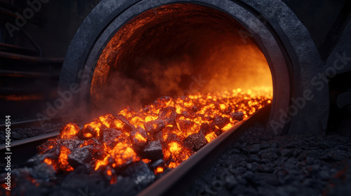 glowing interior of coke oven reveals red hot coal flowing through tunnel, surrounded by dark, rocky textures. intense heat and vibrant colors create dramatic and industrial atmosphere