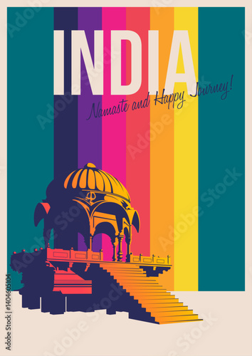 India Attraction Postcard, Gadisar Lake Illustration, Vector Template Retro Style Greeting Card with 1980s Color Stripes