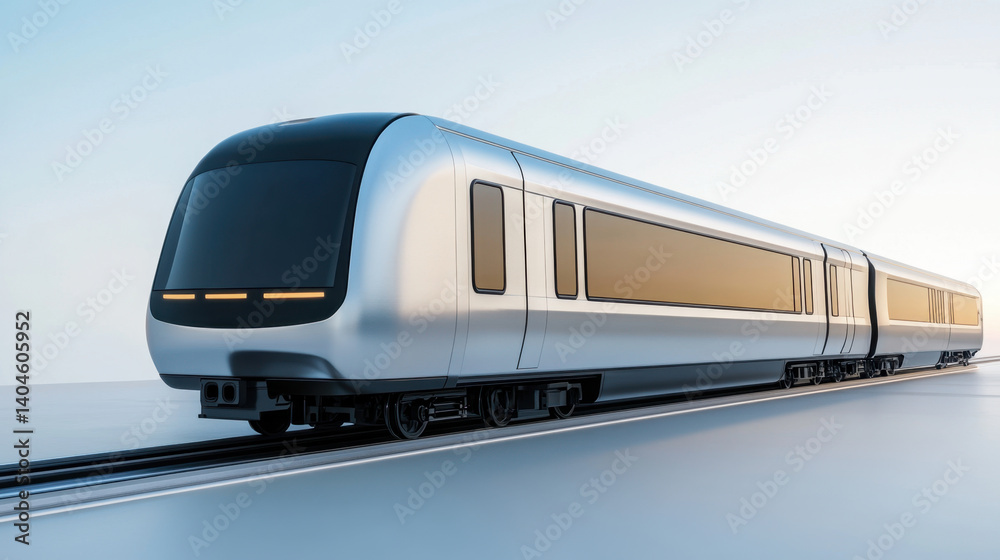 Naklejka premium sleek silver chrome subway train glides along tracks, showcasing modern design and technology. futuristic look evokes sense of speed and innovation in urban transportation