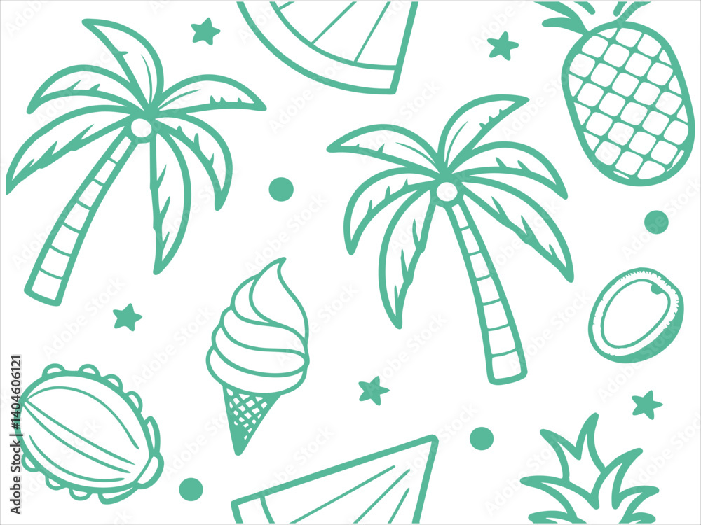 Tropical Summer Pattern – Palm Tree and Fruit Line Art Seamless Background
tropical, palm, fruit, coconut, pineapple, summer, seamless, beach, outline.