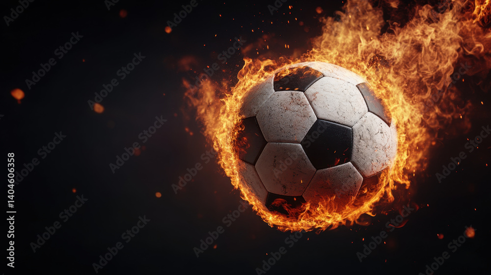 Naklejka premium soccer ball engulfed in flames creates dramatic visual against dark background, symbolizing intensity and passion for game. fiery effect adds excitement and energy to scene