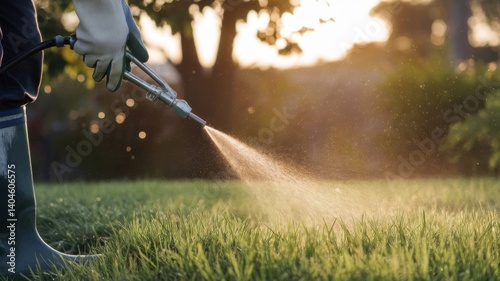 Application of lawn care chemicals for weed and pest control in a backyard