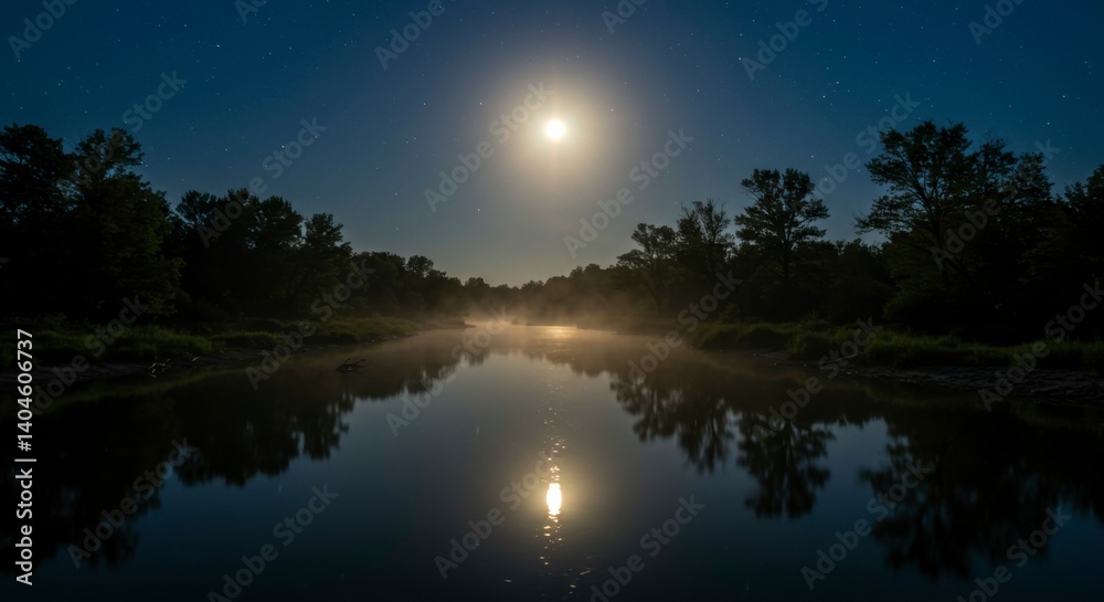 Obraz premium Misty river at night under full moon