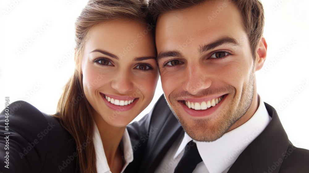 Young professionals, man and woman in business suits, taking a selfie together under bright sunlight Young professionals, man and woman in business suits, taking a selfie together under bright sunlight
