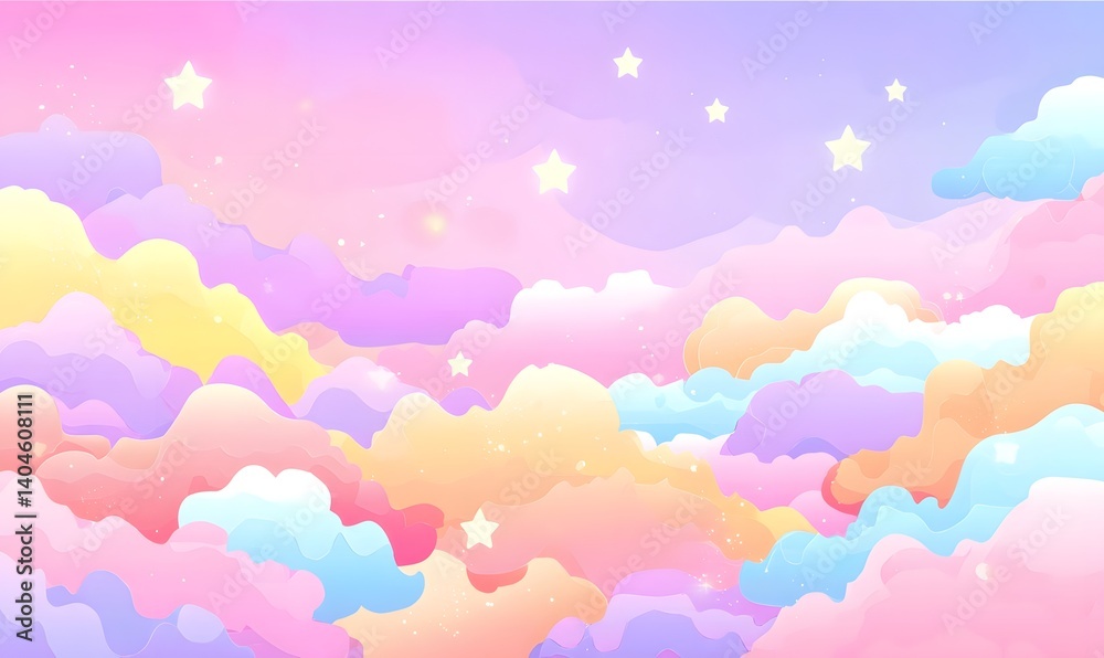 Pastel Rainbow Cloudscape Dreamy Sky Background Soft Colors Fantasy Illustration Whimsical Art Sweet Design Fluffy Clouds Starry  