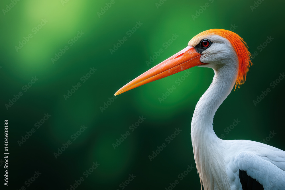 striking stork with vibrant orange beak and crest stands gracefully against soft green background, showcasing its elegant features and captivating presence striking stork with vibrant orange beak and crest stands gracefully against soft green background, showcasing its elegant features and captivating presence