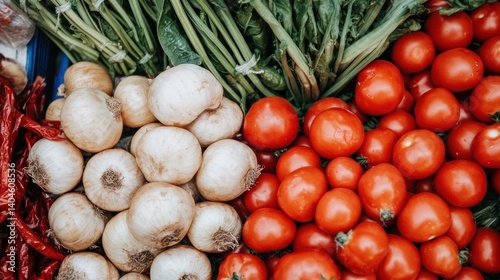freshly harvested produce offering a vibrant tableau featuring tomatoes onions spinach and red peppers at local market display abundance