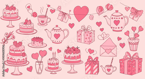 Sweet Serenade: A curated collection of charming pink-hued illustrations celebrating love and affection, featuring cakes, gifts, and heartwarming decorative elements.