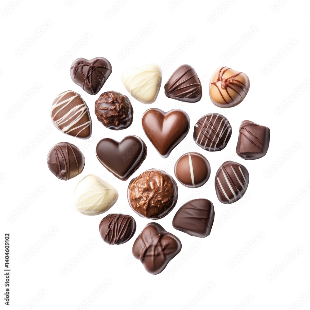 Fototapeta premium Assorted chocolate pralines arranged in heart shape isolated on transparent background