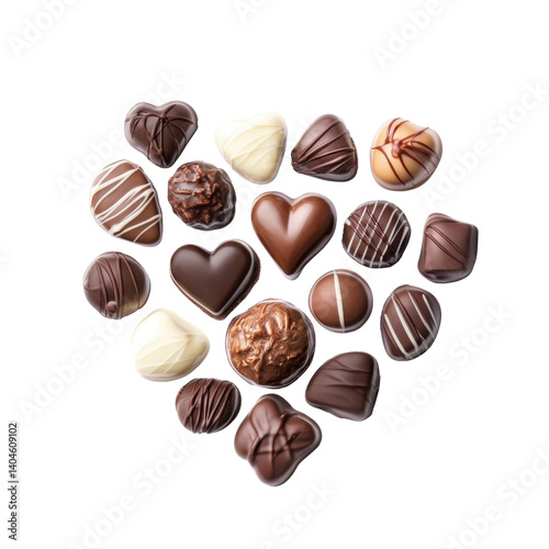 Assorted chocolate pralines arranged in heart shape isolated on transparent background