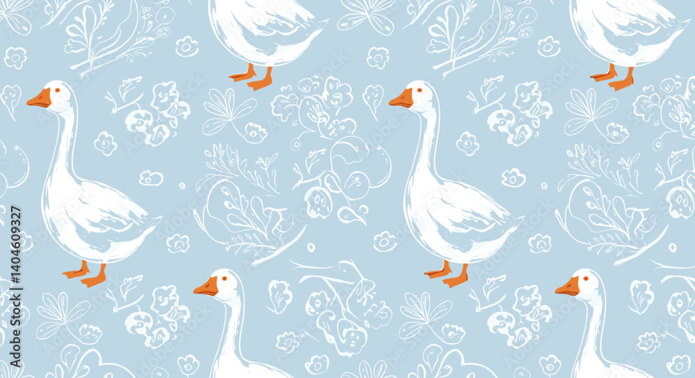 Fototapeta premium Elegant Goose Pattern: A charming pattern featuring stylized geese in a repeating design, evoking a sense of pastoral tranquility with delicate floral elements. 