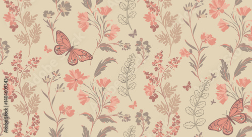 Floral Butterfly Dreamscape: A serene tapestry of delicate blossoms and graceful butterflies, creating a sense of tranquility and natural beauty in a seamless, pattern.